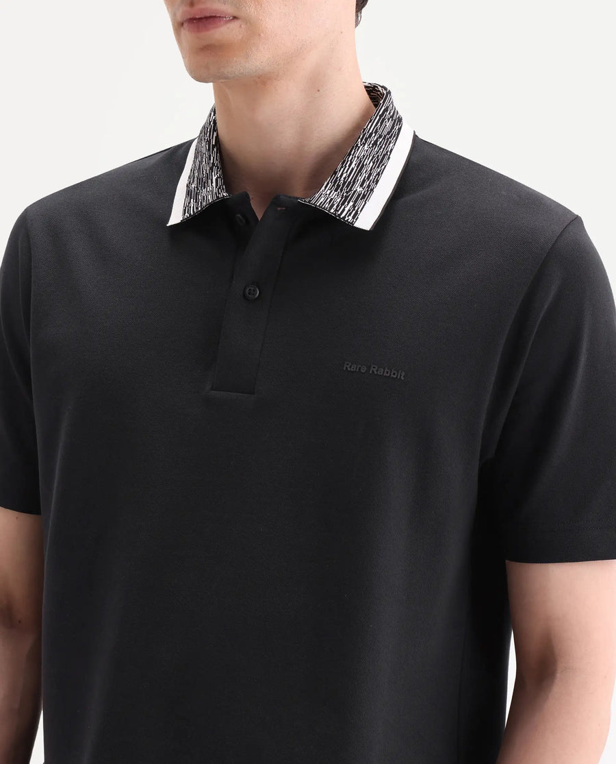 Rare Rabbit Men's Spalo Black Cotton Blend Fabric Half Sleeve Spread Collar Regular Plain Polo