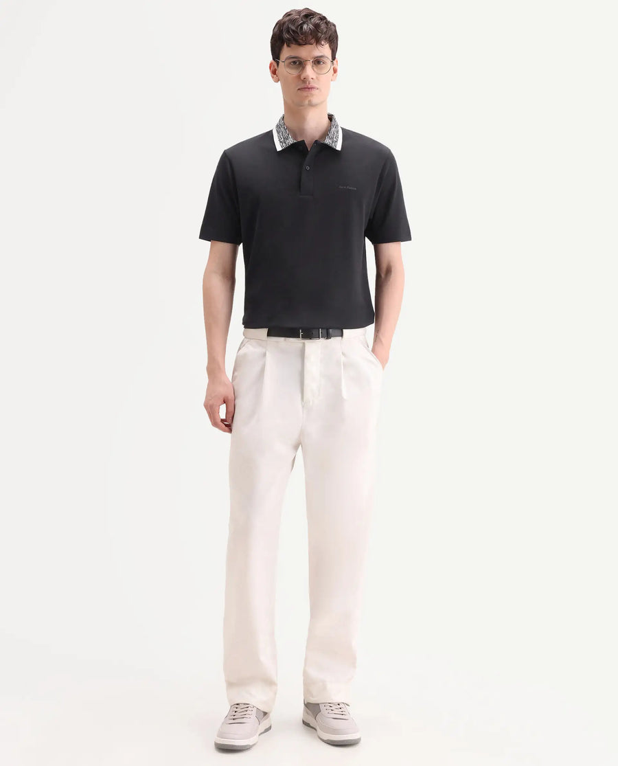 Rare Rabbit Men's Spalo Black Cotton Blend Fabric Half Sleeve Spread Collar Regular Plain Polo