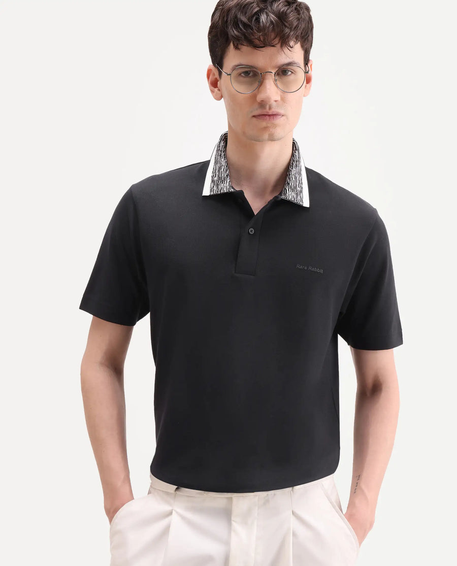 Rare Rabbit Men's Spalo Black Cotton Blend Fabric Half Sleeve Spread Collar Regular Plain Polo