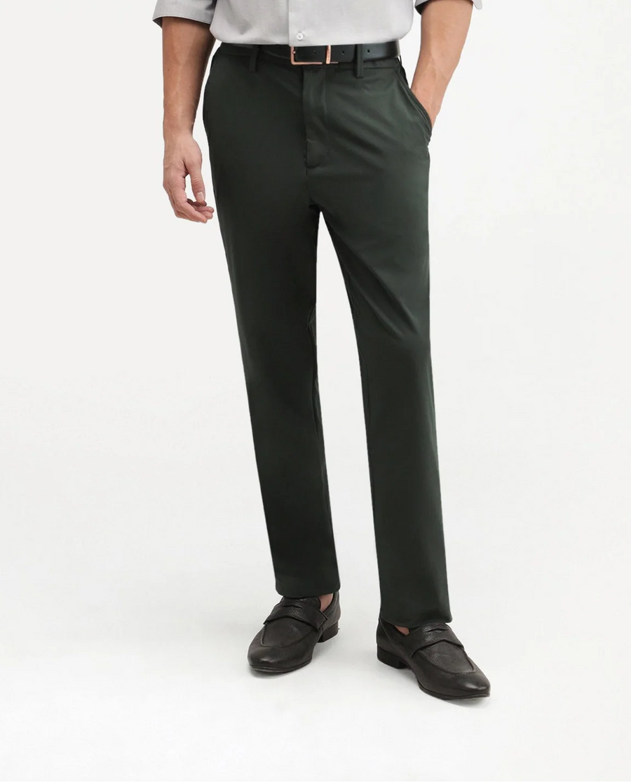Rare Rabbit Men's Alvs Dark Green Polyester Fabric Regular Fit Plain Trouser