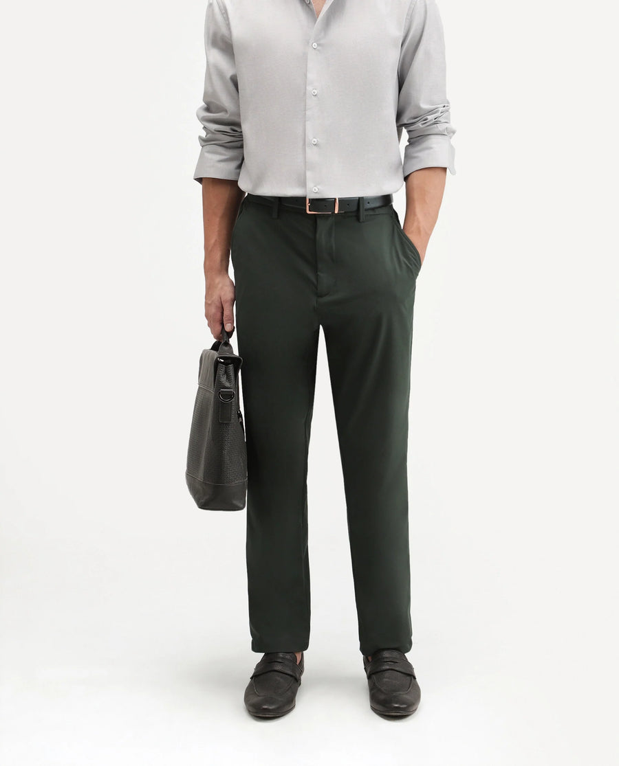Rare Rabbit Men's Alvs Dark Green Polyester Fabric Regular Fit Plain Trouser