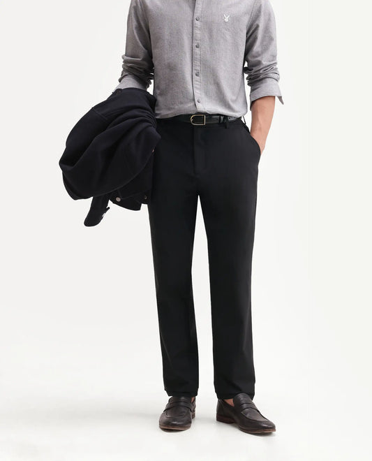 Rare Rabbit Men's Alvs Black Polyester Fabric Regular Fit Plain Trouser