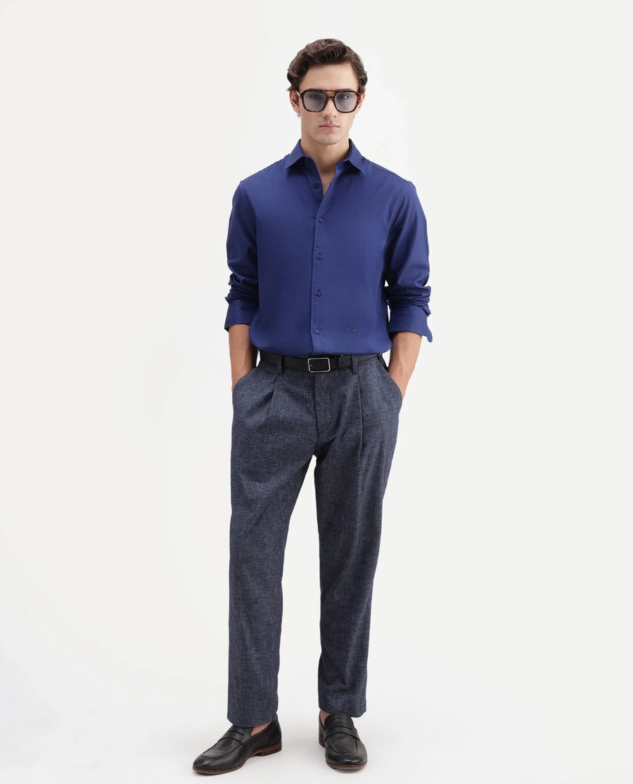 Rare Rabbit Men's Cami Dark Blue Cotton Blend Fabric Regular Fit Plain Trouser