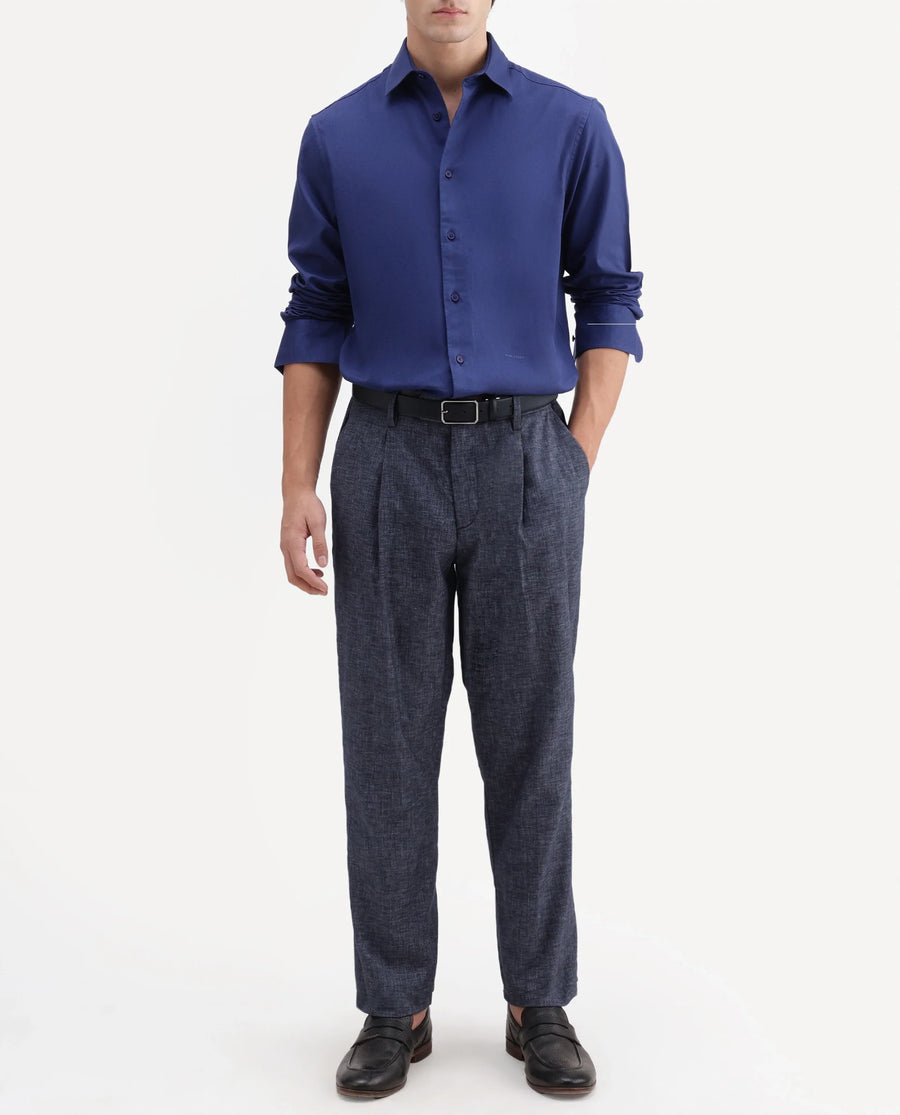 Rare Rabbit Men's Cami Dark Blue Cotton Blend Fabric Regular Fit Plain Trouser