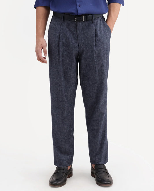 Rare Rabbit Men's Cami Dark Blue Cotton Blend Fabric Regular Fit Plain Trouser