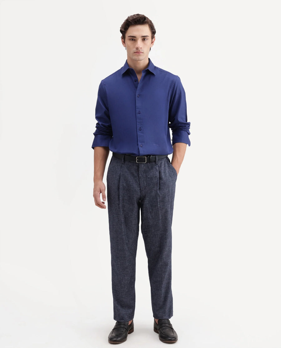 Rare Rabbit Men's Cami Dark Blue Cotton Blend Fabric Regular Fit Plain Trouser