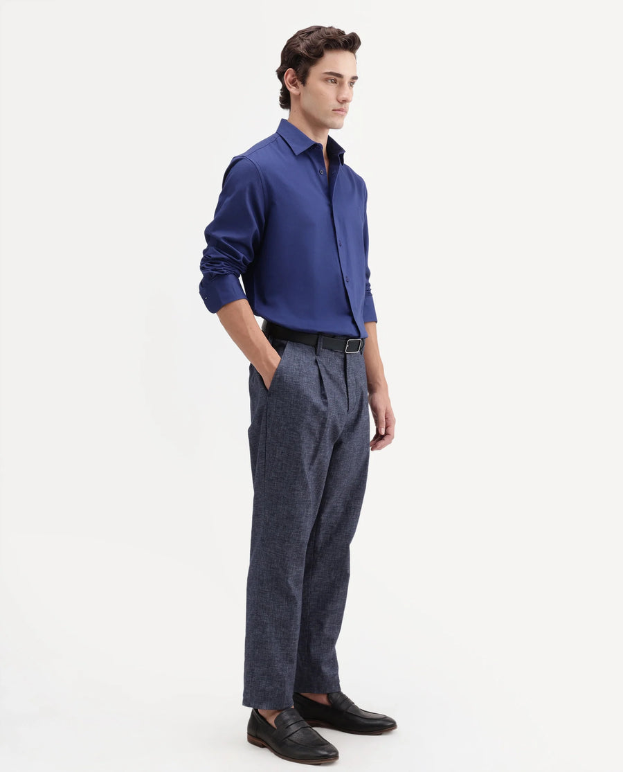Rare Rabbit Men's Cami Dark Blue Cotton Blend Fabric Regular Fit Plain Trouser