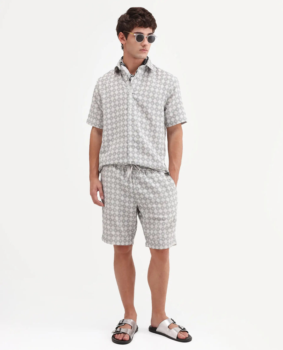 Rare Rabbit Men's Rance-T Off White Cotton Fabric Regular Fit Plain Geometric Print Shorts