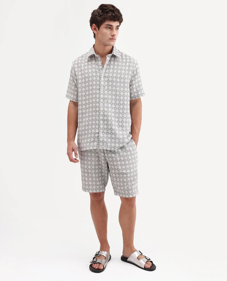 Rare Rabbit Men's Rance-T Off White Cotton Fabric Regular Fit Plain Geometric Print Shorts