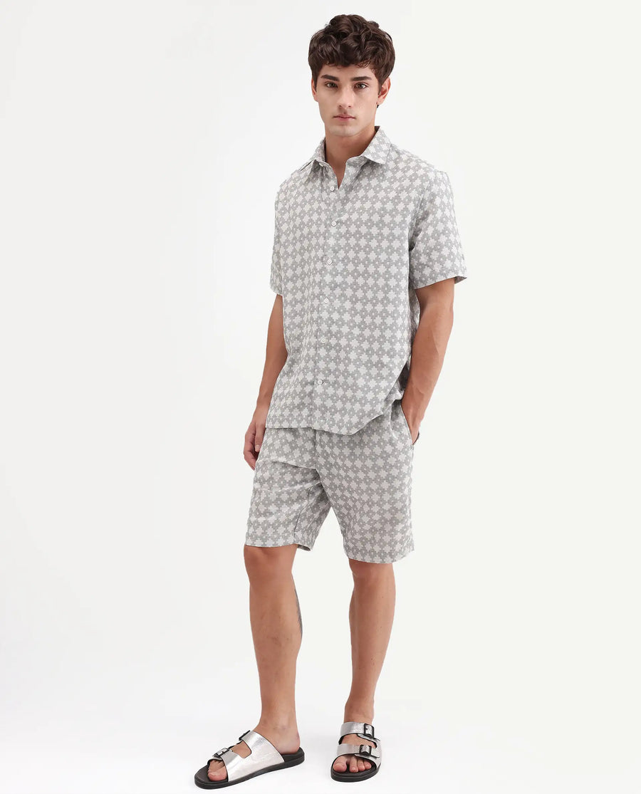 Rare Rabbit Men's Rance-T Off White Cotton Fabric Regular Fit Plain Geometric Print Shorts