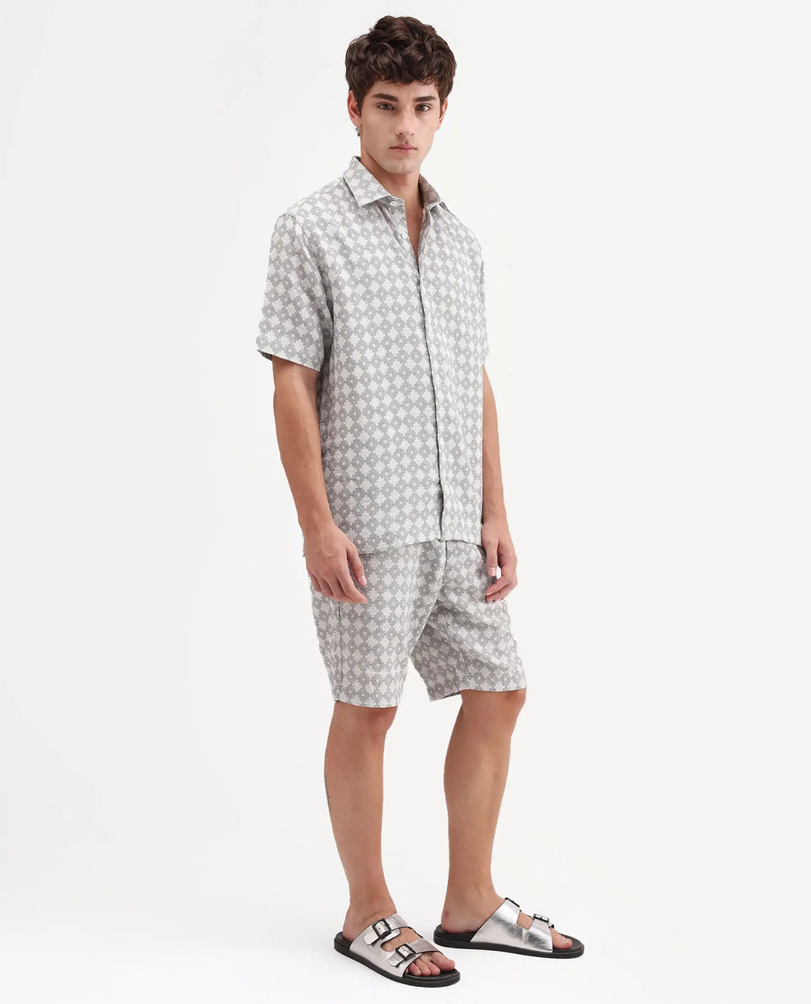 Rare Rabbit Men's Rance-T Off White Cotton Fabric Regular Fit Plain Geometric Print Shorts