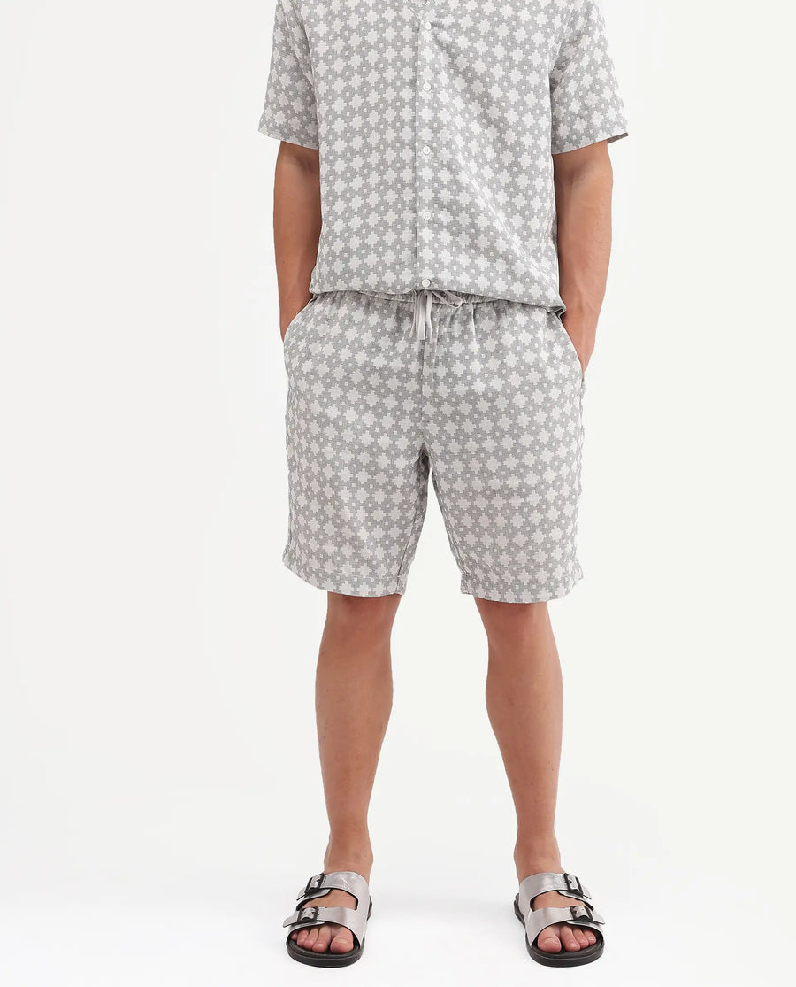 Rare Rabbit Men's Rance-T Off White Cotton Fabric Regular Fit Plain Geometric Print Shorts
