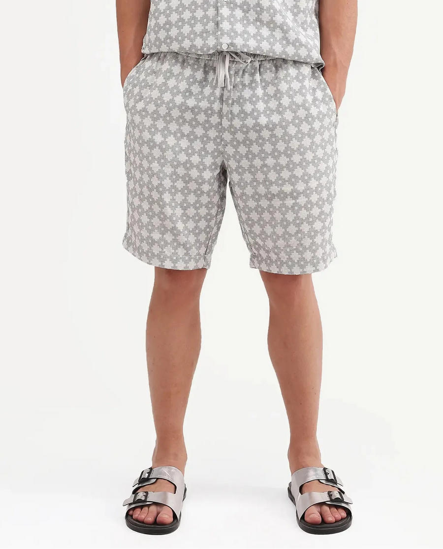 Rare Rabbit Men's Rance-T Off White Cotton Fabric Regular Fit Plain Geometric Print Shorts
