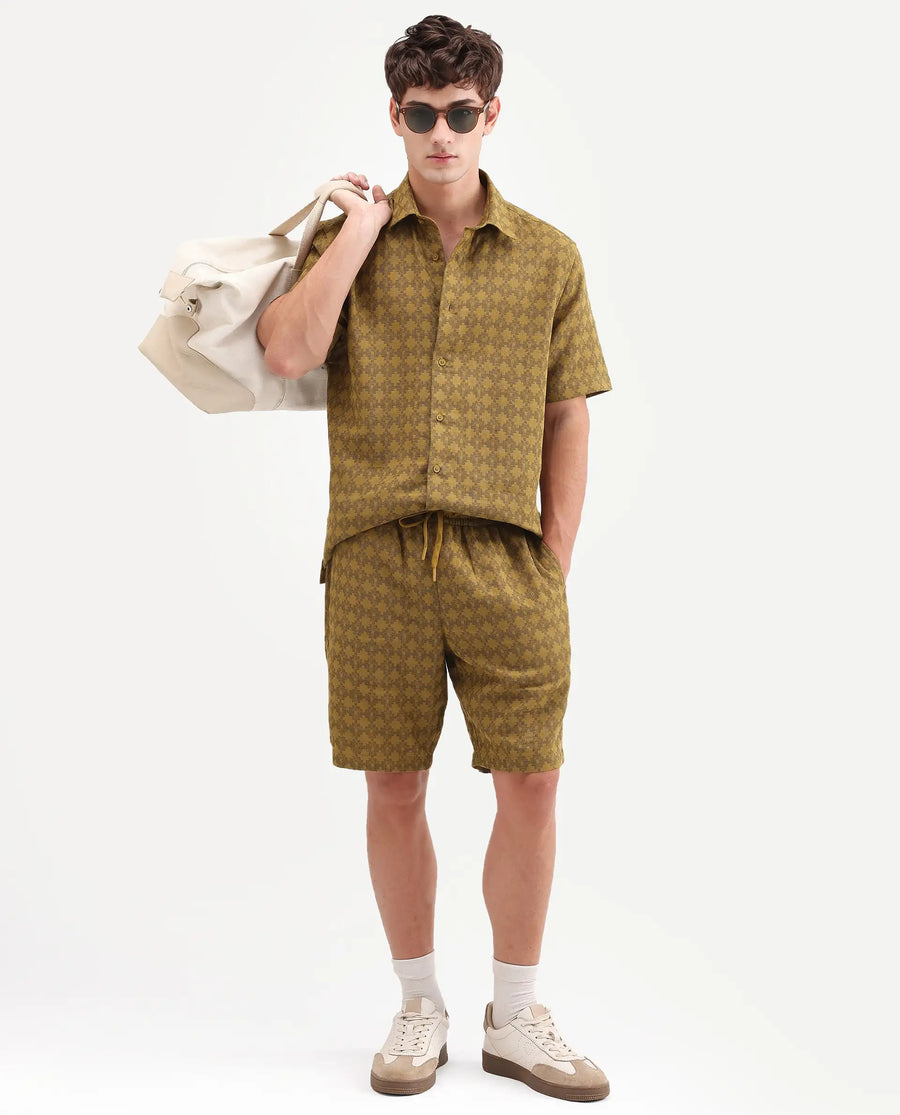 Rare Rabbit Men's Rance-T Mustard Cotton Fabric Regular Fit Plain Geometric Print Shorts