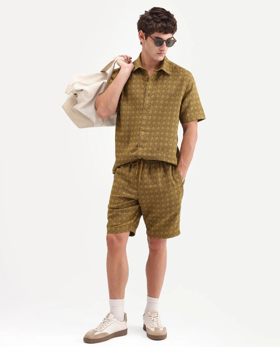 Rare Rabbit Men's Rance-T Mustard Cotton Fabric Regular Fit Plain Geometric Print Shorts