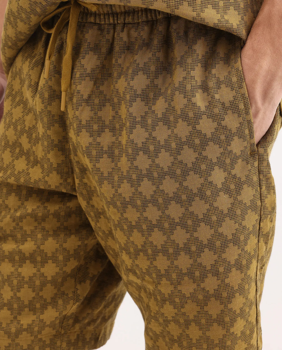 Rare Rabbit Men's Rance-T Mustard Cotton Fabric Regular Fit Plain Geometric Print Shorts