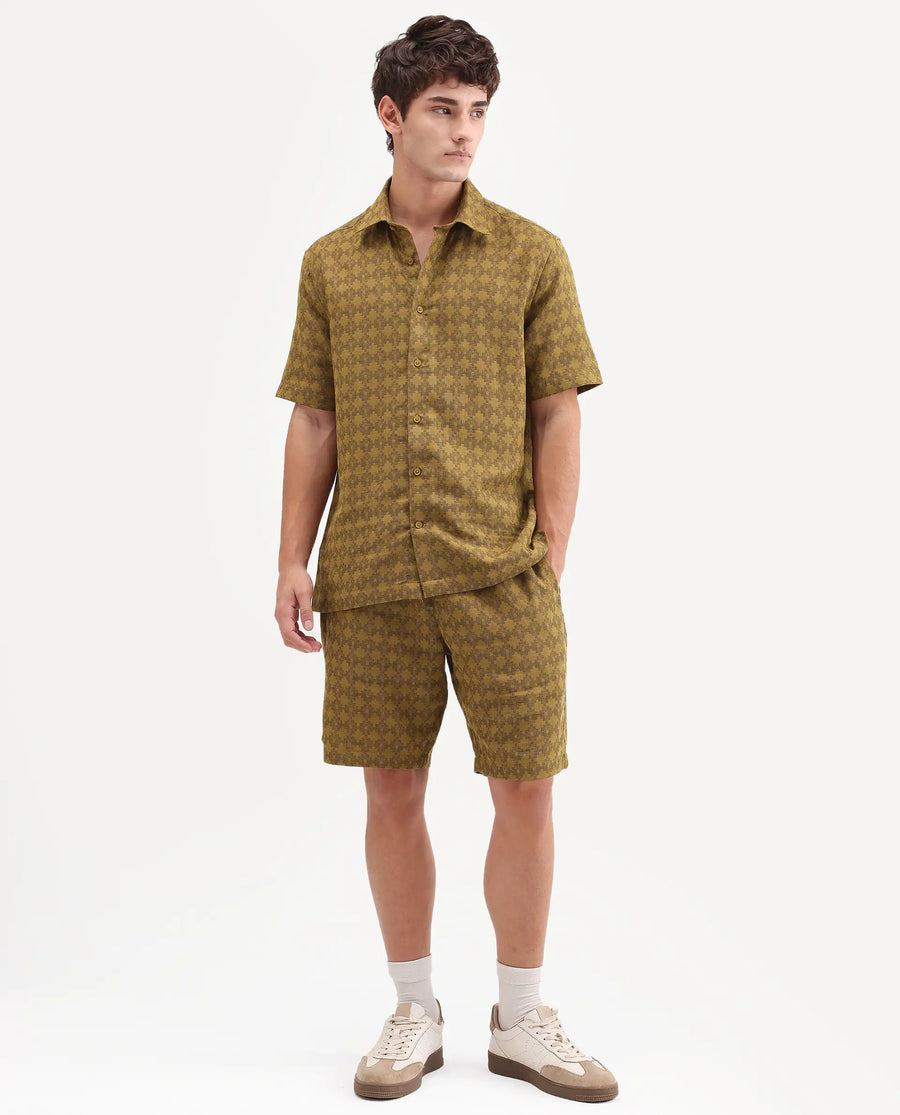 Rare Rabbit Men's Rance-T Mustard Cotton Fabric Regular Fit Plain Geometric Print Shorts