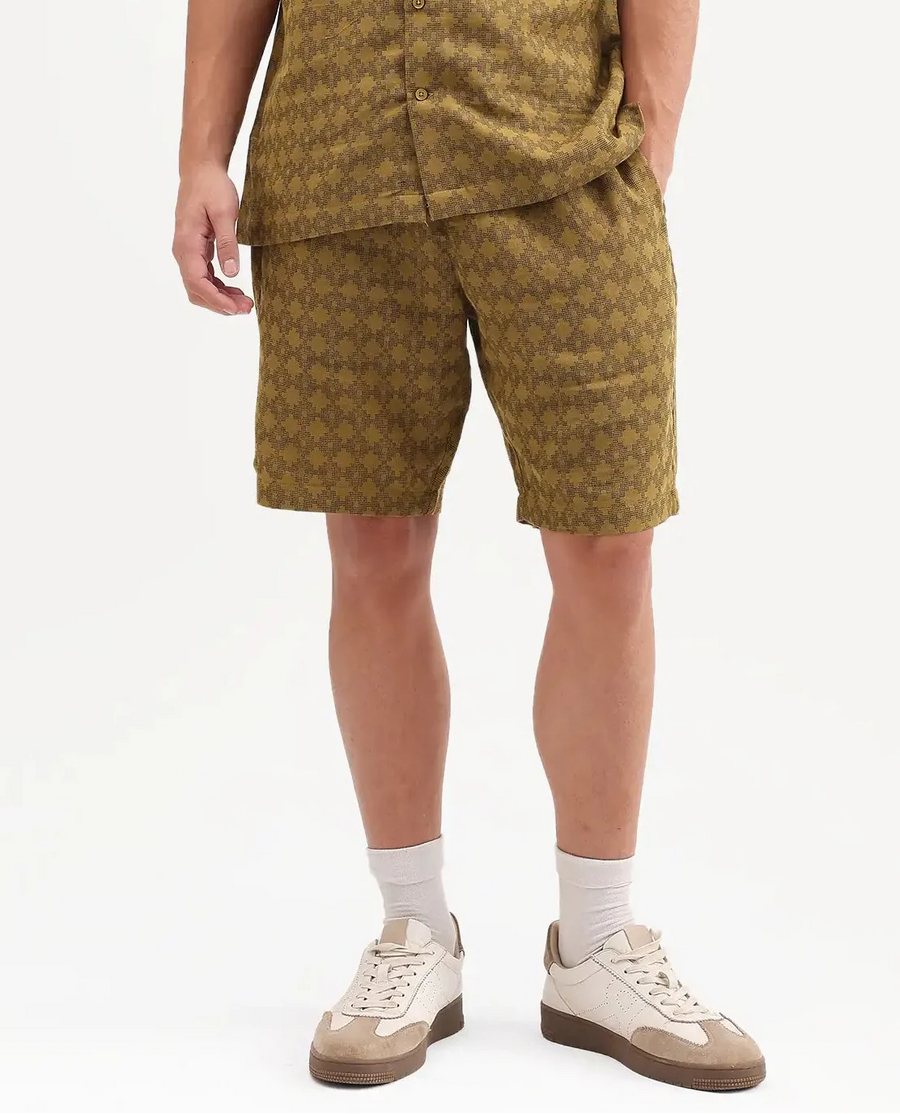Rare Rabbit Men's Rance-T Mustard Cotton Fabric Regular Fit Plain Geometric Print Shorts