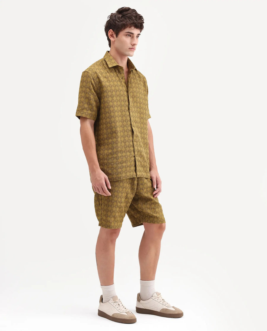 Rare Rabbit Men's Rance-T Mustard Cotton Fabric Regular Fit Plain Geometric Print Shorts