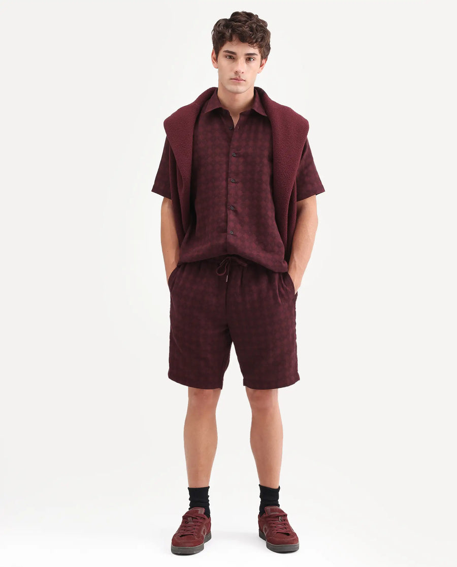 Rare Rabbit Men's Rance-T Dark Red Cotton Fabric Regular Fit Plain Geometric Print Shorts