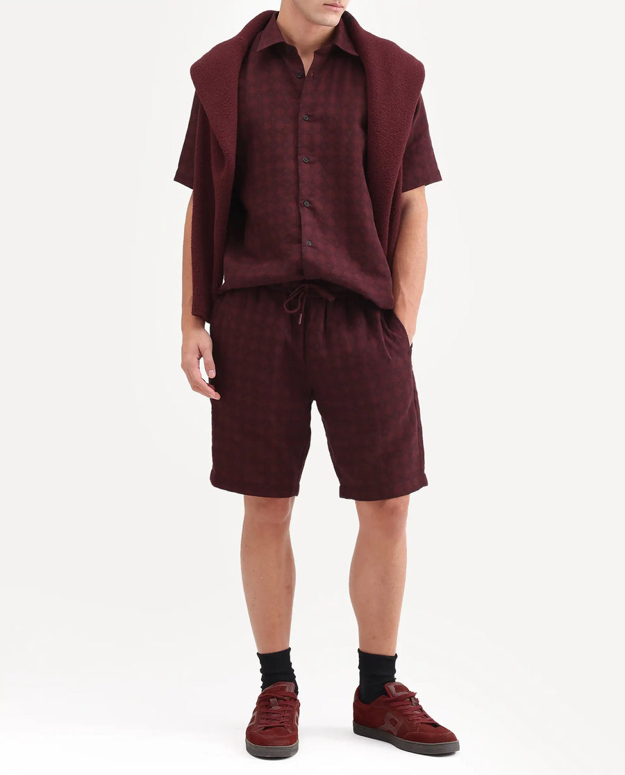 Rare Rabbit Men's Rance-T Dark Red Cotton Fabric Regular Fit Plain Geometric Print Shorts