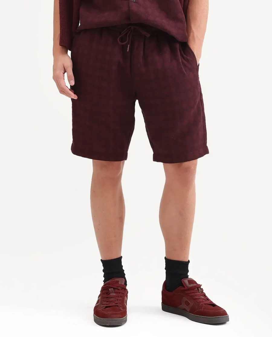 Rare Rabbit Men's Rance-T Dark Red Cotton Fabric Regular Fit Plain Geometric Print Shorts