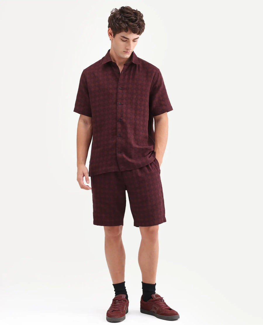 Rare Rabbit Men's Rance-T Dark Red Cotton Fabric Regular Fit Plain Geometric Print Shorts