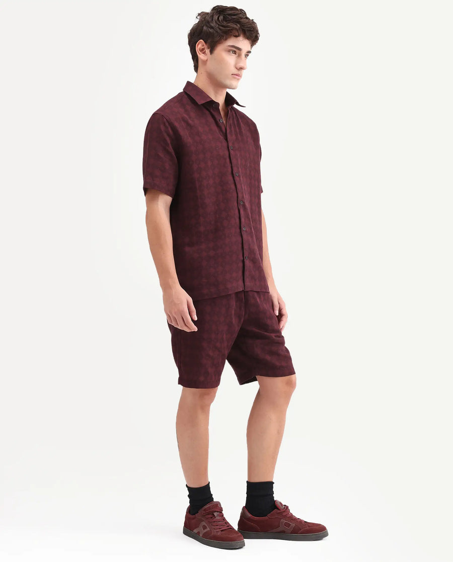 Rare Rabbit Men's Rance-T Dark Red Cotton Fabric Regular Fit Plain Geometric Print Shorts