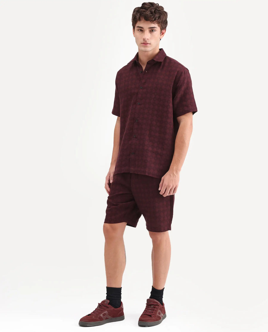 Rare Rabbit Men's Rance-T Dark Red Cotton Fabric Regular Fit Plain Geometric Print Shorts
