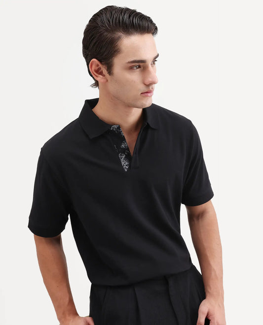 Rare Rabbit Men's Verlo Black Cotton Blend Fabric Half Sleeve Spread Collar Regular Fit Plain Polo