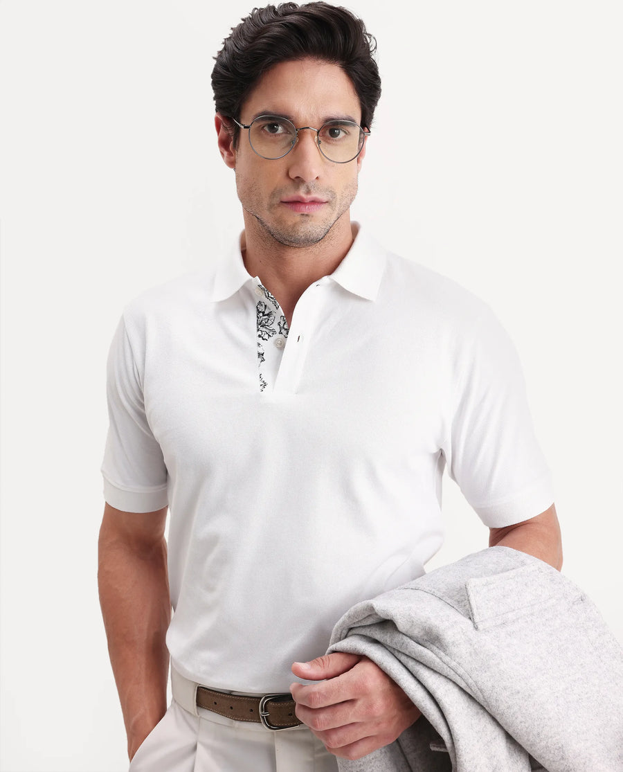 Rare Rabbit Men's Verlo White Cotton Blend Fabric Half Sleeve Spread Collar Regular Fit Plain Polo