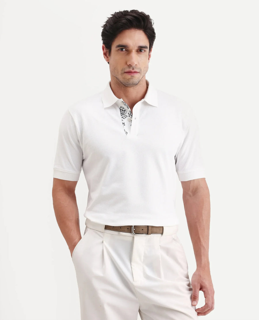 Rare Rabbit Men's Verlo White Cotton Blend Fabric Half Sleeve Spread Collar Regular Fit Plain Polo