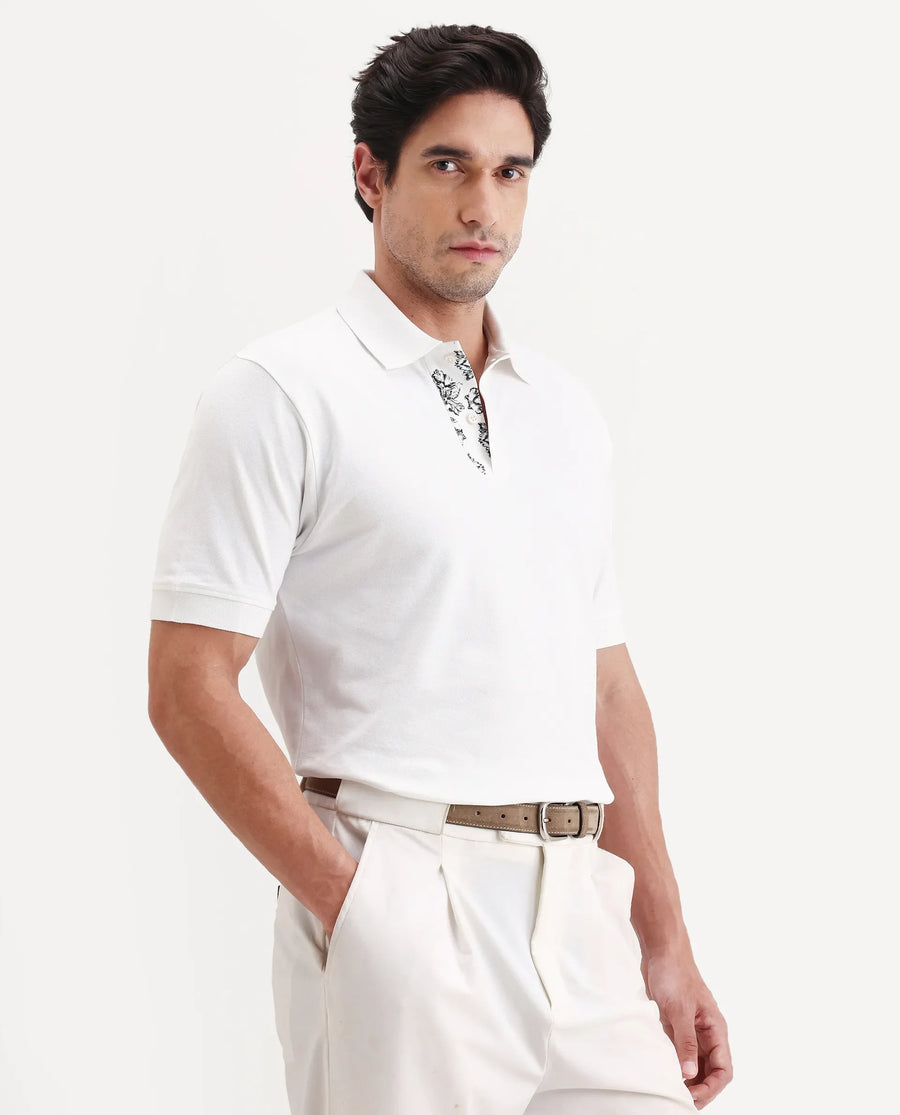 Rare Rabbit Men's Verlo White Cotton Blend Fabric Half Sleeve Spread Collar Regular Fit Plain Polo