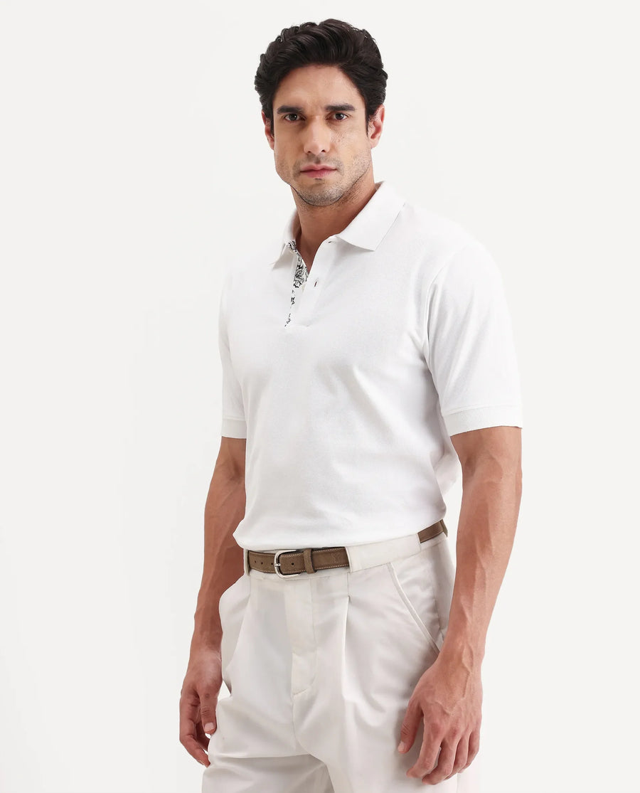 Rare Rabbit Men's Verlo White Cotton Blend Fabric Half Sleeve Spread Collar Regular Fit Plain Polo