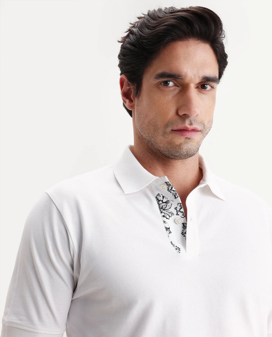 Rare Rabbit Men's Verlo White Cotton Blend Fabric Half Sleeve Spread Collar Regular Fit Plain Polo