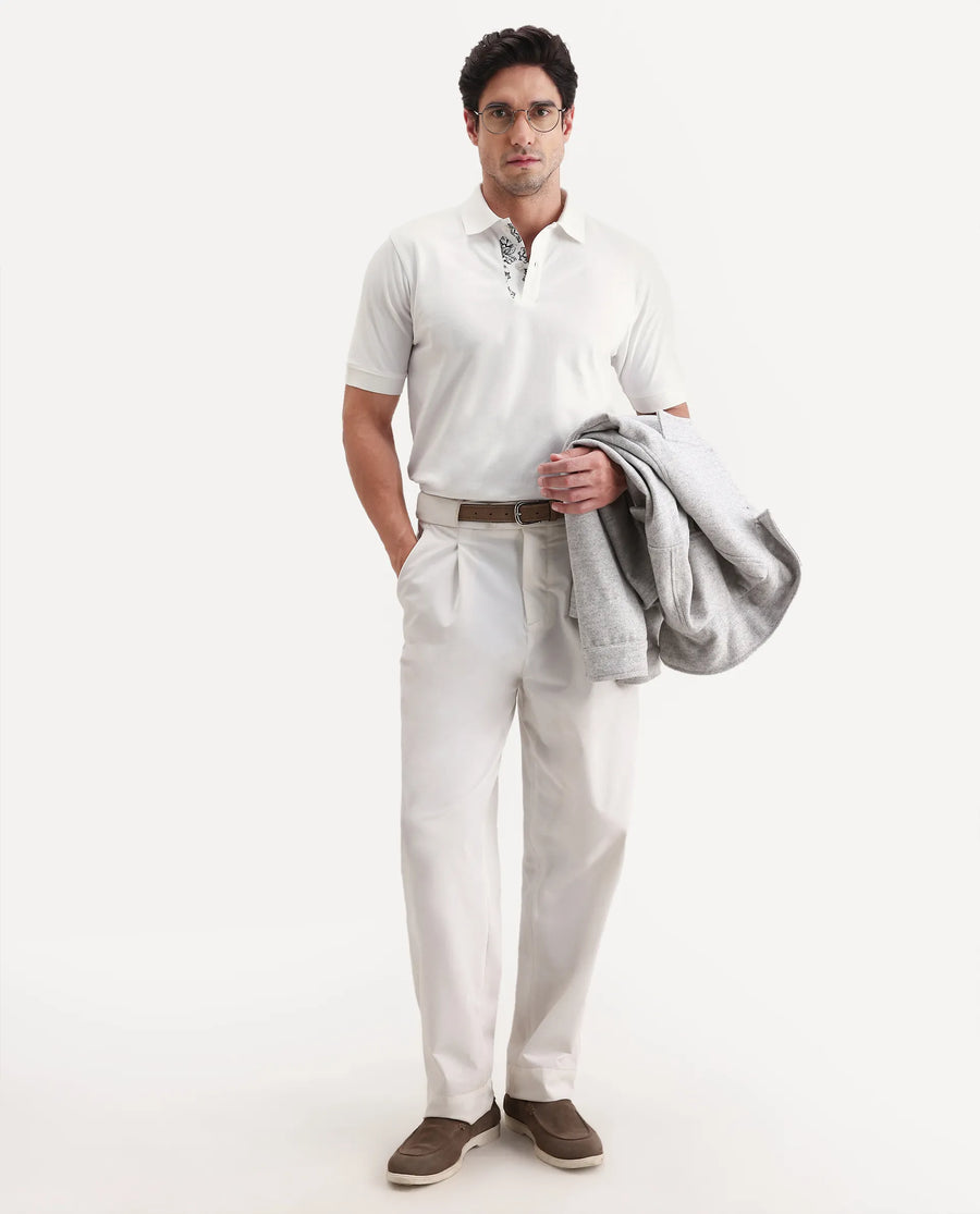 Rare Rabbit Men's Verlo White Cotton Blend Fabric Half Sleeve Spread Collar Regular Fit Plain Polo