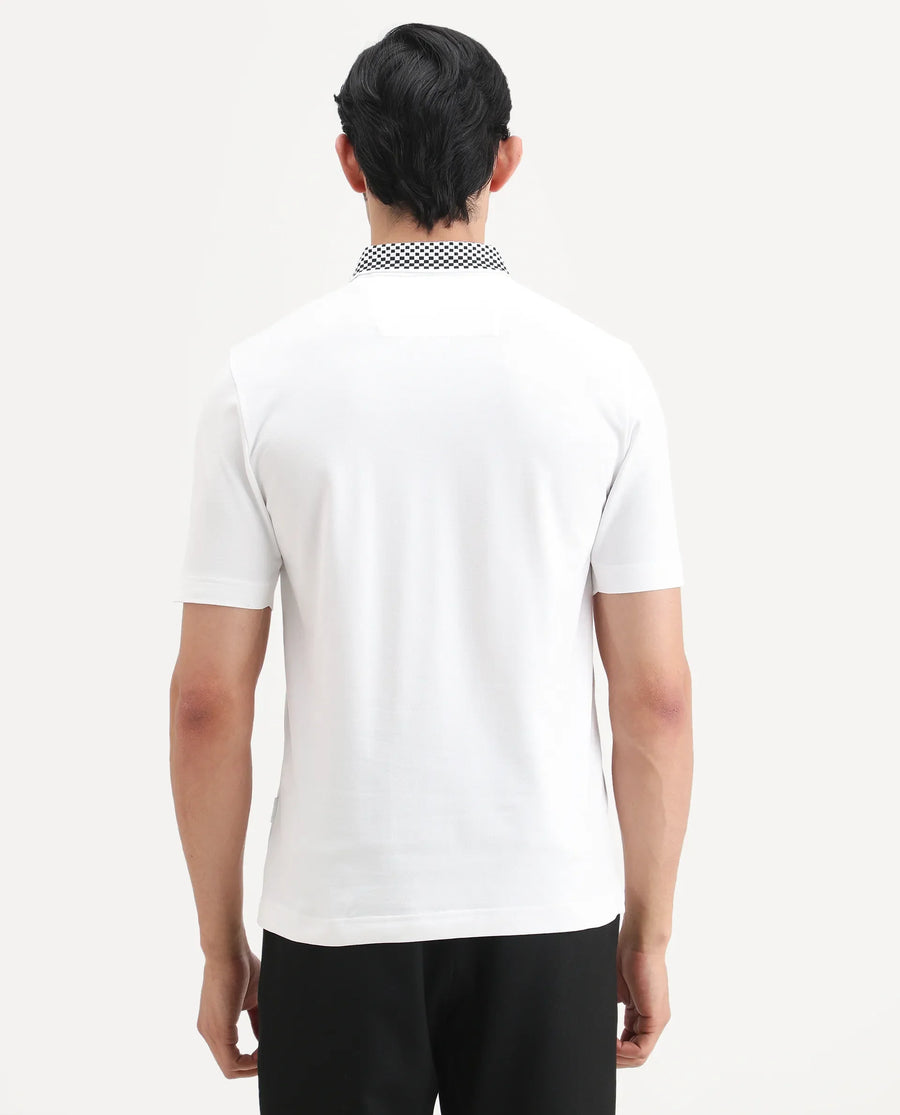 Rare Rabbit Men's Chesk White Cotton Blend Fabric Half Sleeve Spread Collar Regular Fit Plain Polo