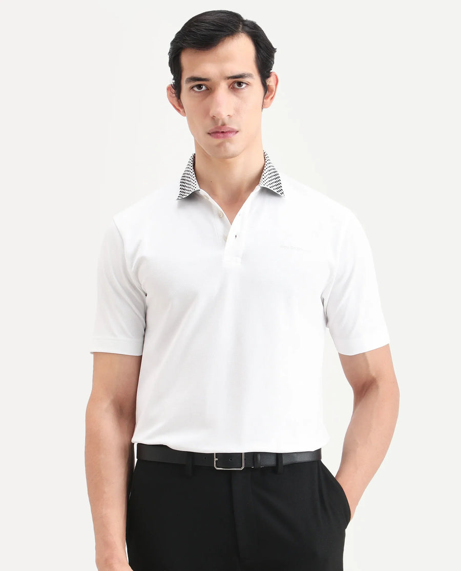 Rare Rabbit Men's Chesk White Cotton Blend Fabric Half Sleeve Spread Collar Regular Fit Plain Polo