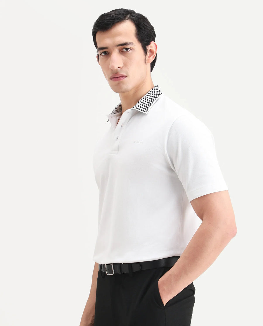 Rare Rabbit Men's Chesk White Cotton Blend Fabric Half Sleeve Spread Collar Regular Fit Plain Polo