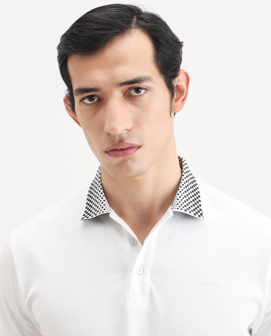 Rare Rabbit Men's Chesk White Cotton Blend Fabric Half Sleeve Spread Collar Regular Fit Plain Polo