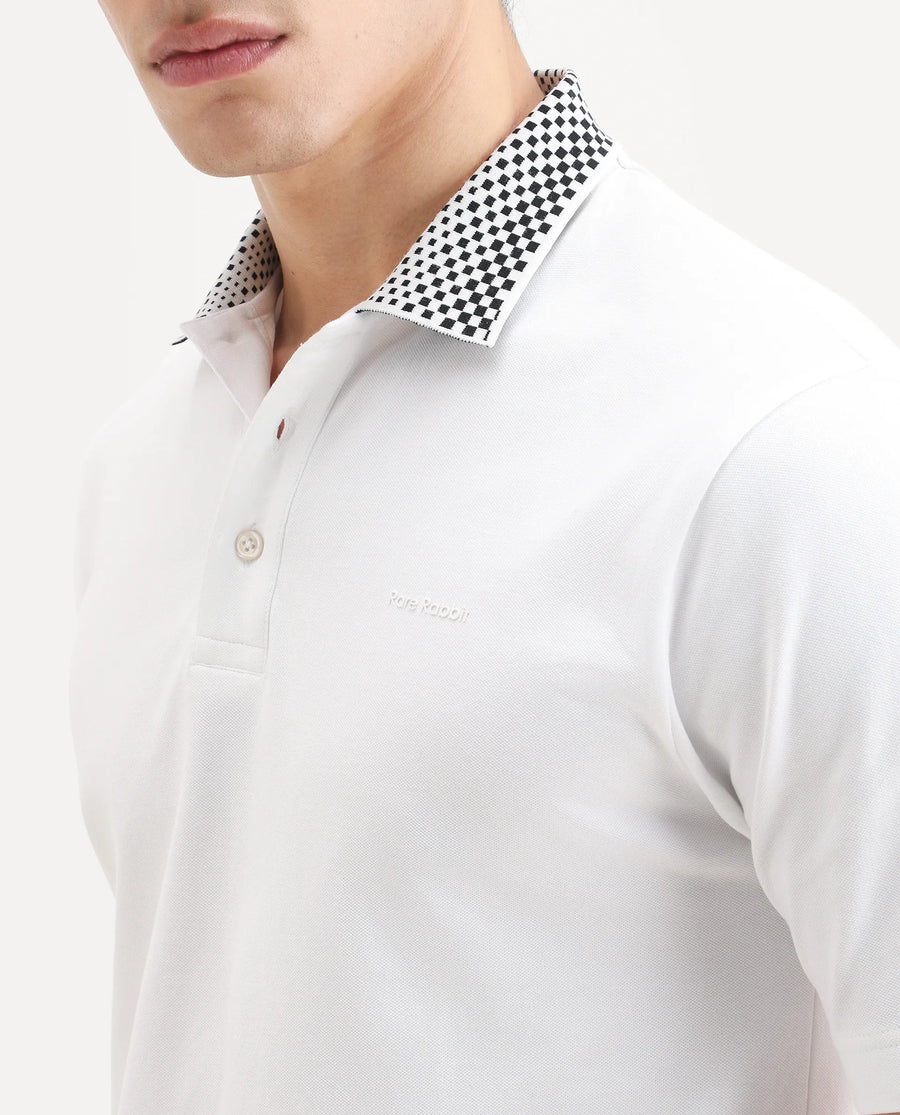 Rare Rabbit Men's Chesk White Cotton Blend Fabric Half Sleeve Spread Collar Regular Fit Plain Polo