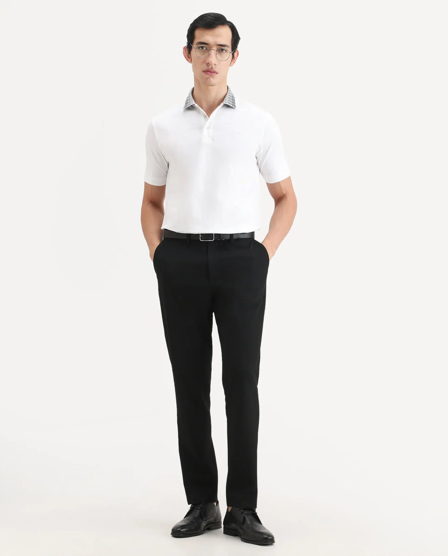 Rare Rabbit Men's Chesk White Cotton Blend Fabric Half Sleeve Spread Collar Regular Fit Plain Polo