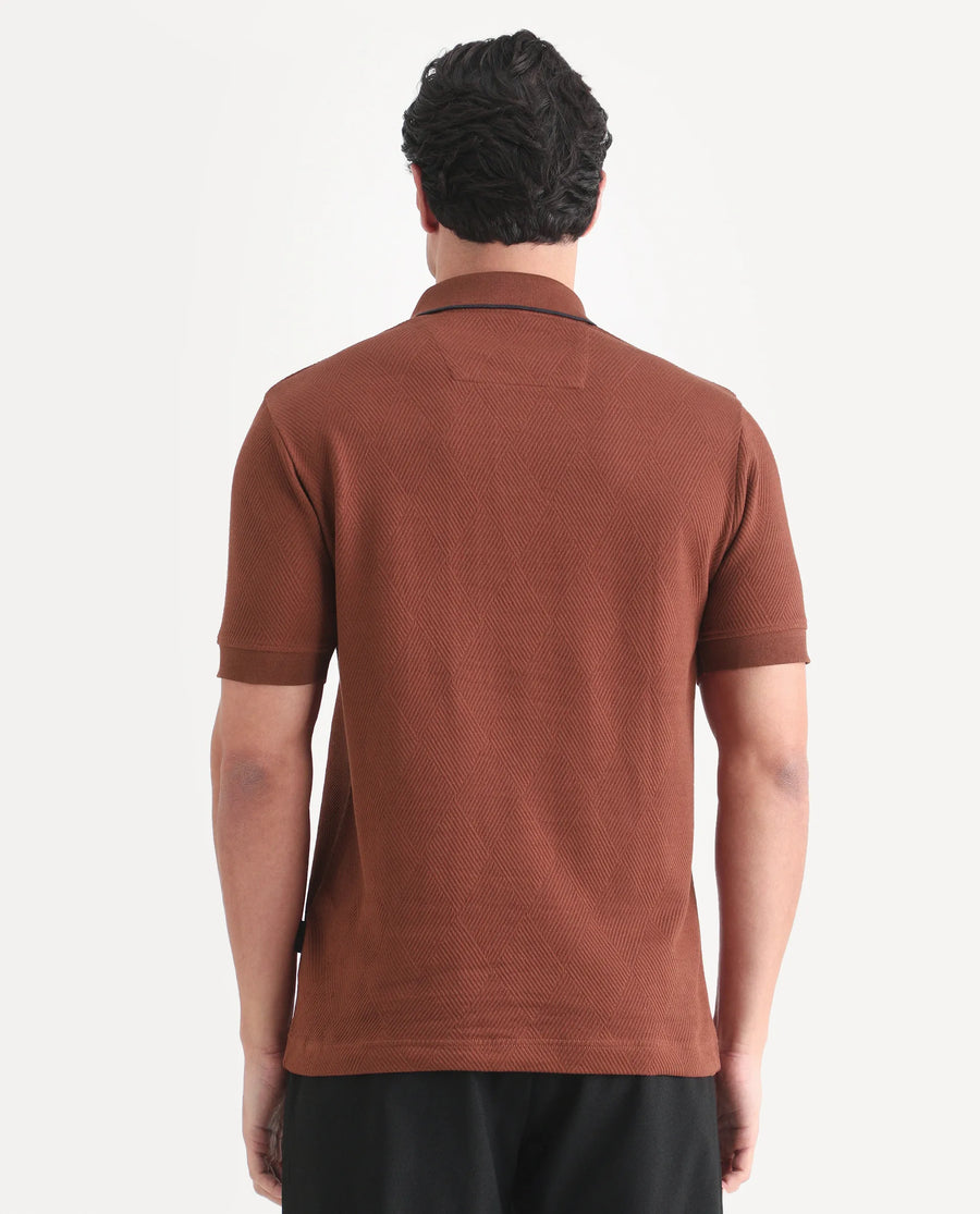 Rare Rabbit Men's Argyn Rust Cotton Fabric Half Sleeve Spread Collar Regular Fit Textured Polo