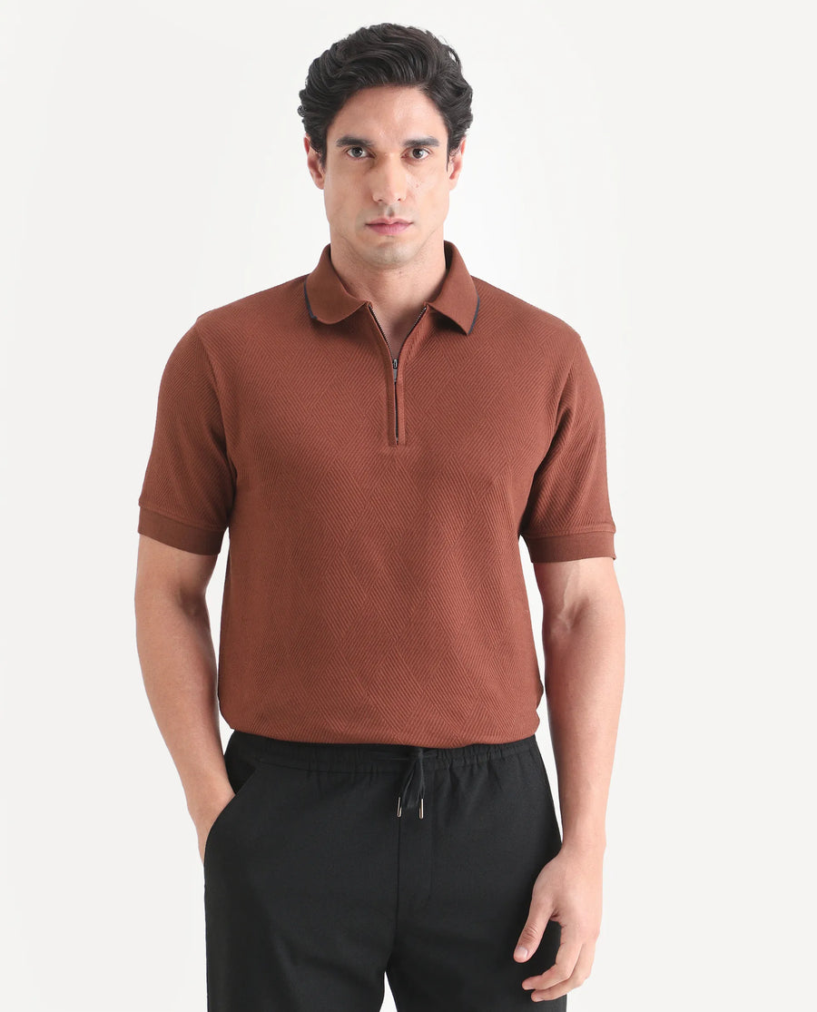 Rare Rabbit Men's Argyn Rust Cotton Fabric Half Sleeve Spread Collar Regular Fit Textured Polo