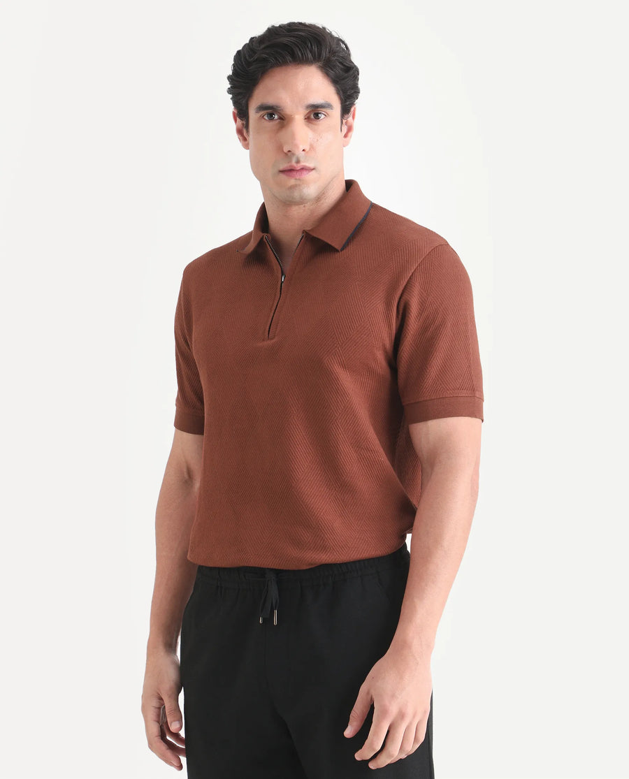 Rare Rabbit Men's Argyn Rust Cotton Fabric Half Sleeve Spread Collar Regular Fit Textured Polo
