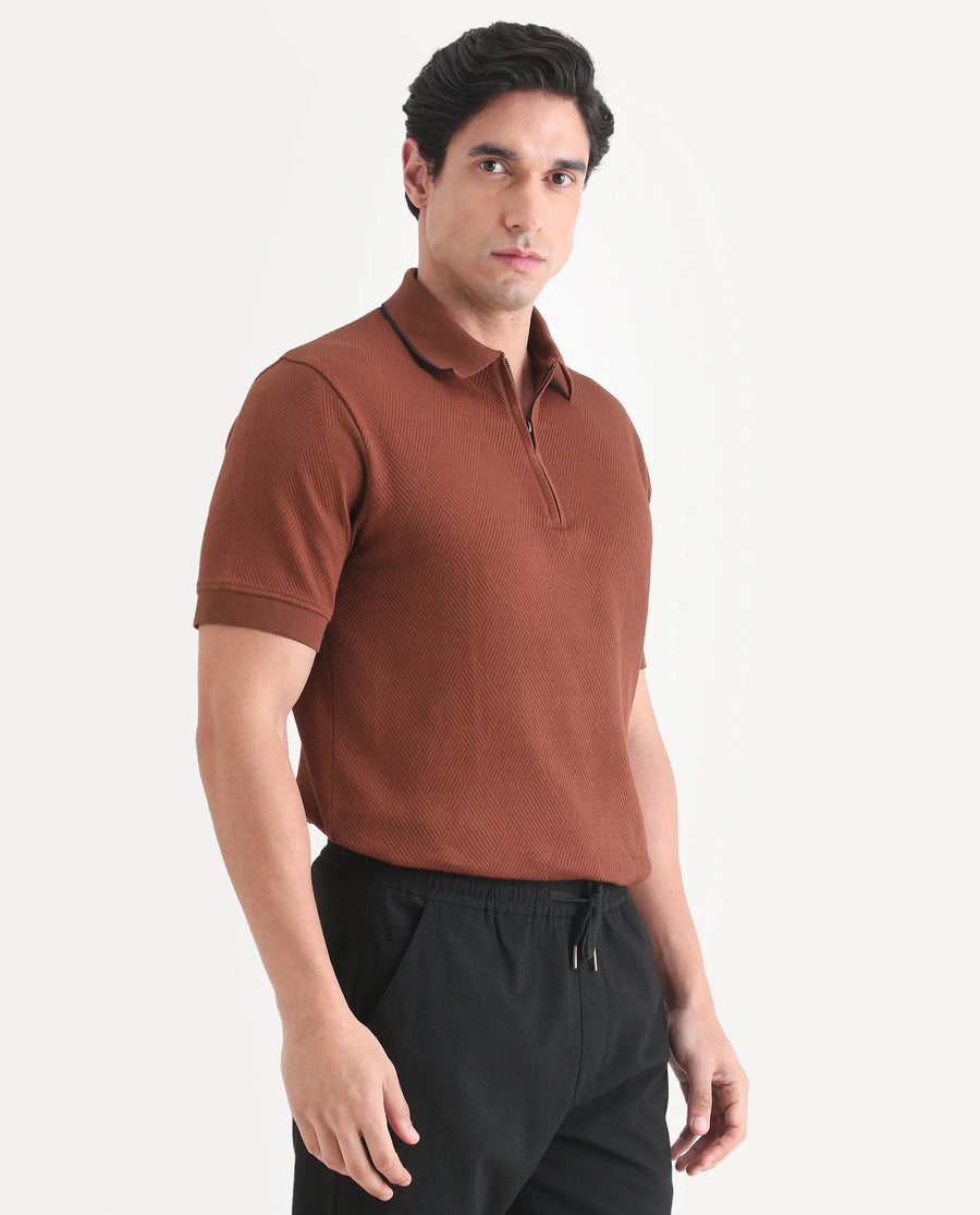 Rare Rabbit Men's Argyn Rust Cotton Fabric Half Sleeve Spread Collar Regular Fit Textured Polo