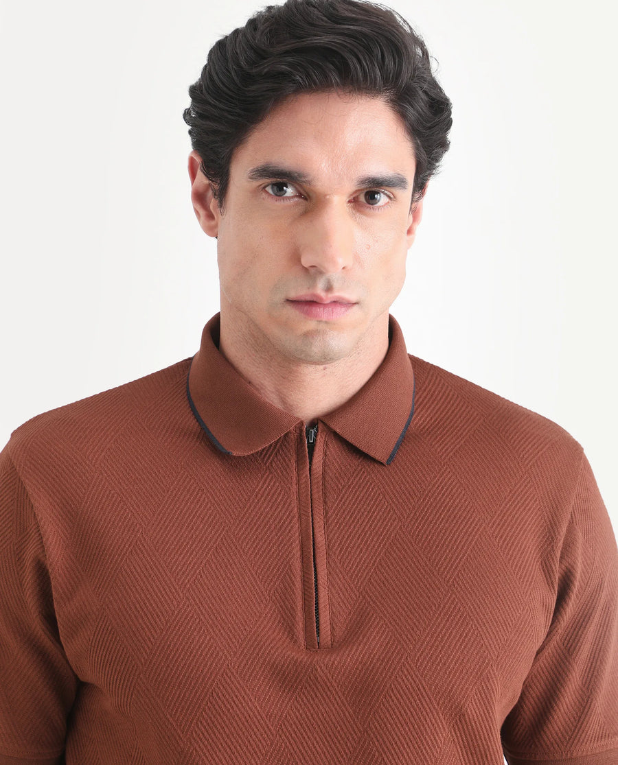 Rare Rabbit Men's Argyn Rust Cotton Fabric Half Sleeve Spread Collar Regular Fit Textured Polo