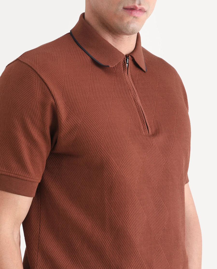 Rare Rabbit Men's Argyn Rust Cotton Fabric Half Sleeve Spread Collar Regular Fit Textured Polo