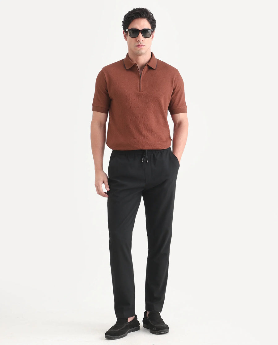 Rare Rabbit Men's Argyn Rust Cotton Fabric Half Sleeve Spread Collar Regular Fit Textured Polo