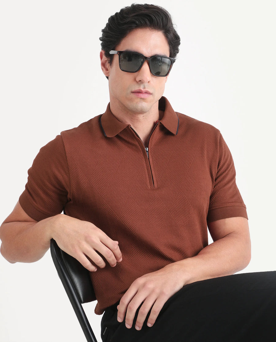 Rare Rabbit Men's Argyn Rust Cotton Fabric Half Sleeve Spread Collar Regular Fit Textured Polo